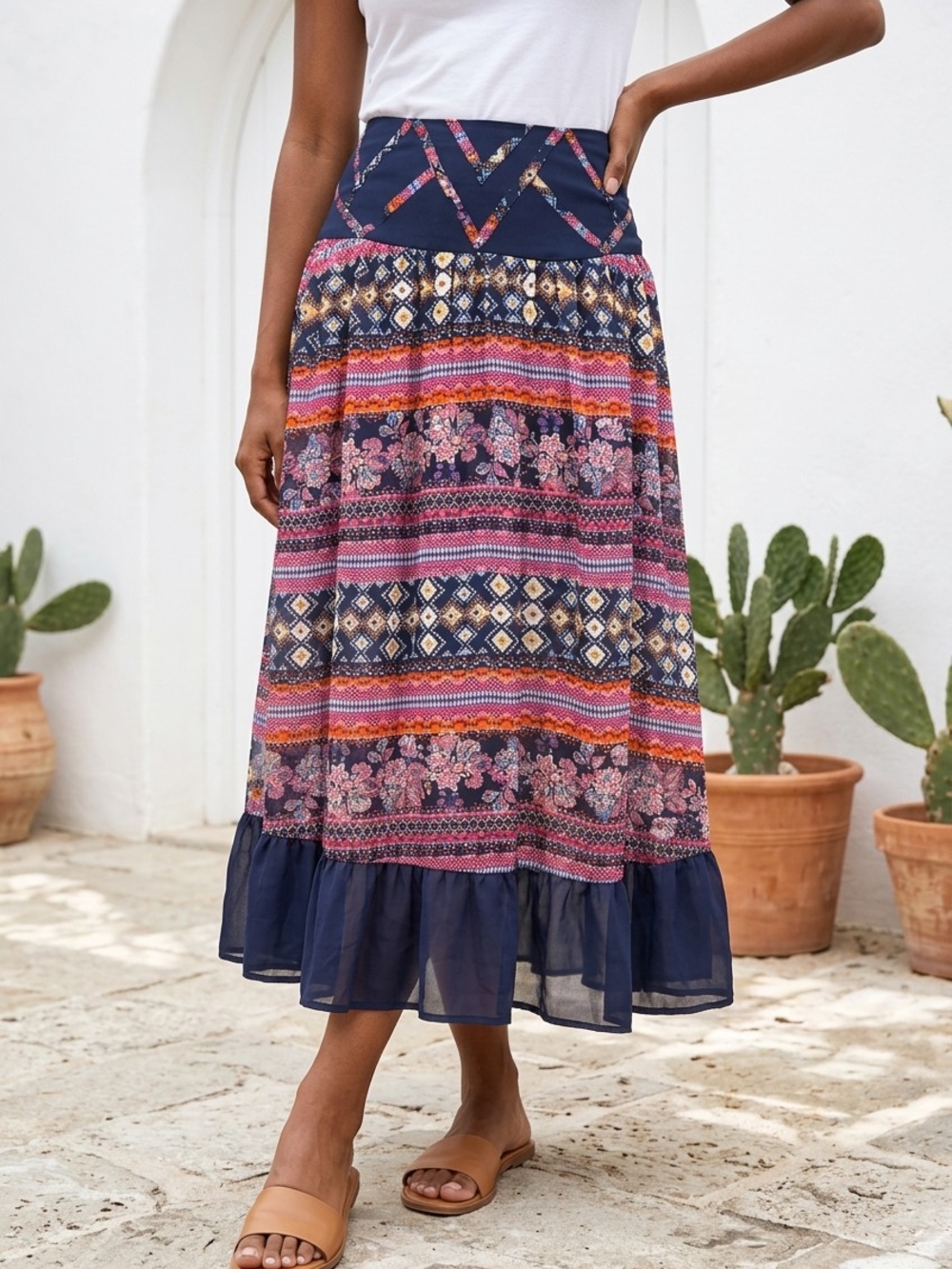 Tobi Navy Multicolor Boho Maxi Skirt